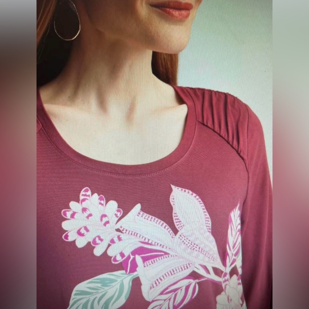 CHICOS TOUCH OF COOL GATHERED SLEEVE FLORAL TOP CHICOS 2 MISSES MEDIUM/12 NWT! - Picture 3 of 7